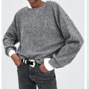 Zara Trafaluc Marled Gray Boxy Ribbed Knit Sweater
